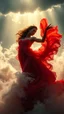 Placeholder: A beautiful Spanish flamingo dancer with a beautiful red dress swirling clouds, emerges from the heart of a raging storm. Turbulent winds of steam swirl around the louds lit by shafts of sunlight that cast dramatic shadows on the A beautiful woman High quality 16k cinematic scene and great photography