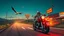 Placeholder: The kebab man driving fast on his holy motorcycle, fire from the exhaust, holy widescreen picture, holy empty road on the holy country at night, comic style, no helmet and he have a long holy black beard, neon kebab signs along the road, jesus stand at his market stand selling holy kebabs, simon stålenhag style, flying goose kebab