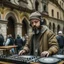 Placeholder: A short brown beard DJ with a hat on his head at the DJ console, many electronic consoles around, play middle street of medieval city, FRONT VIEW