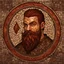 Placeholder: picture made of mosaic tiles in a style of medieval mosaic, Dnd, fantasy, portrait, only face, dwarf, blacksmith, kind, hearthy, red hair, braided beard