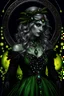 Placeholder: Beautiful silver and black and green witch woman portrait adorned with bioluminescense Halloween yellow white and green and black beads