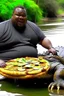 Placeholder: a obese black guy kicked a crocodile while eating a pizza