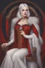 Placeholder: Beautiful white haired Vampire queen on her throne, drawing. Wearing a red cloak with a fur collar. Portrait, waist up