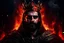 Placeholder: Portrait roi conquerant cyberpunk, cheveux noirs, barbe, yeux rouges, porte une couronne en feu, batuiments union europeene en feu arriere plan