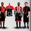 Placeholder: 3 black waiters with red and black different uniforms in luxury hall