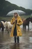 Placeholder: In the music video, a 23-year-old woman with blonde hair and bright blue eyes stands in the sea, se has a bun. dressed in a yellow fisherman's jacket. She holds an umbrella, but it offers no protection from the pouring rain. Around her, heavy horses are moving. The rain is pouring heavily. She is standing in the middle of the sea. You can see here completely. Horses only the girl and horses, i wanna see the horses dancing around her. She is wearing a fishers outfit. NOT SEXY!!