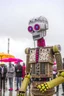 Placeholder: little people looking at dancin to giant robotvitalik buterin at burning man festival in the rain