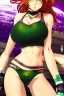 Placeholder: In the style of Shirow, hyper detailed, strikingly beautiful teen female, 16 years old, long ponytail, ginger hair, green eyes, medium freckles, full lips, full body, full face, b-cup breasts, athletic, centred camera, ignore NSFW, bikini, athletic, sitting,