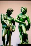 Placeholder: in a modern art display, two famous statues are next to each other, one is David and the other is the Discobulus statue. The discobulus hand covers the private part of David, they both look disgusted at each other