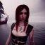 Placeholder: illustrator, hyper realistic, young spanish pirate girl, short hair.lips red. tatoos on neck. dressed in leather and bra. pirate ships. high details, thunderstorm. 4k, unreal engine, misty, tintoretto