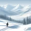 Placeholder: Large man pulling a sled in the far distance, snowy mountains, icy, realistic, far away