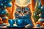 Placeholder: cute cat, fluffy, cheerful, large head, expressive eyes, smiling, cartoonishly, near a decorated Christmas tree, new year, warm colors, Josephine Wall, hyperrealism, warm knitted suit of warm blue color, cup full of fragrant coffee, near the window, morning, winter, cozy living room