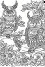 Placeholder: A cute peaceful forest with wise owls and calming patterns, Coloring page for kids, cartoon style, thick outline, low details, no shading, no color