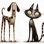 Placeholder: A quirky, storybook‑style illustration featuring a tall, elongated dog and Siamese cat with delightfully distorted proportions—slightly oversized heads, and expressive, off‑beat faces that feel charmingly awkward. Their bodies are slim, stretched, and comically upright, with subtle painterly textures and soft glowing highlights. The dog has a lanky, spotted coat with exaggerated posture, while the cat has a long, bendy silhouette with a mischievous, sideways grin. Both characters stand close tog