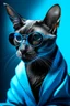 Placeholder: Prompt: The best cell phone wallpaper, Award-Winning Wallpaper, portrait photography, In the front view is a portrait of a Oriental shorthair Siamese wearing mid-1960s space age fashion, Side view photo, Shot with Canon EOS R5, Set a strong contrast that accentuates the subject, Fluorescent blue tone, Wearing a very modern coat and sunglasses is a modern 1960s style, Clothes all in one color, beautiful background.