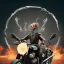 Placeholder: Fire head skeleton Rider wearing a black leather on black motorcycle in the middle of street rounded by high tower