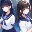 Placeholder: Clear focus, High resolution, Long fluffy black hair, Purple eyes, Wearing a sailor uniform, must be wearing a short skirt