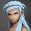 Placeholder: Female Air Genasi Monk with light blue skin tone, braided white hair, grey eyes, and serene facial expression.