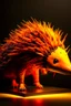 Placeholder: An orange colored lightning elemental porcupine designed in Javanese shadow puppets painted by Leonardo da Vinci