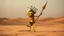 Placeholder: a funny crazy maniac little creature that dance in a desert, the creature is yellow and green, have big eyes and long legs, he likes to dance and jump with his spear, he ls little evil and likes to scream "Musta", and have a big mouth sharp teeth, small penis, tribal look, head dress with feathers