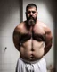 Placeholder: full figure shot photography of a burly chubby turkish prisoner , 55 years old shirtless in white dirty pants, long beard, long hair , in a dark prison, dirty, ugly, bullneck, muscular, manly chest, shirtless, bulge, misery and poverty, emotive eyes, photorealistic, ultradetailed, 32k, side view from below, dim light