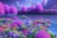 Placeholder: monde en fleurs bleu pink,blue lake, concept art, crépuscule , trees bleu pink violet oranger, vibrant Color, réaliste, crocus