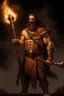 Placeholder: burly man, looks to be in his 30s, 7 foot tall, wide strong figure, brown hair and grand beard, old greek style clothing, holding a very large sword with engravings on the blade that look to be on fire