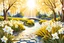 Placeholder: charming garden with white narcissus, white, or gold light effects colors, sun, realistic, blooming trees in springtime, pound, bridge, willow, highly detailed, high contrast, 8k, high definition, concept art, sharp focus