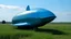 Placeholder: small, sleek, squat, cargo spaceship shaped like a blue whale, sitting in a field