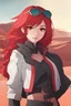 Placeholder: Woman with cute and shhair, bright red hair, crimson eyes, wearing futuristic clothes, cheerful, desert background, RWBY animation style