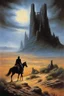 Placeholder: the Dark Tower seen across a desert. painted by Jeff easley