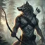 Placeholder: an anthropomorphic wolf man in just full furry wolf body hair and wearing just a dark belt around his chest holds a bow in his paw, quiver with arrows on his shoulder and looking warlike the horizont, blur background with giant alien trees, rainy day, detailed, high textures, realistic, cinematic, sci-fi, fantasy mood