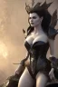 Placeholder: Xenia Onatop as evil queen in black leather, busty, cleavage, angry, stern look. character design by fenghua zhong. unreal engine 5, artistic lighting, highly detailed, photorealistic, fantasy