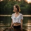 Placeholder: photography of a beautiful and happy anorexic woman, standing in lake water, eyes closed, meditation, white top, yoga flyer, brunette short wavy bob haircut, serenity, misty, relaxing image, white misty colors, foggy sunlight