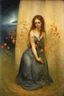 Placeholder: Night, one woman, flowers, vegetations, gothic horror films influence, creepy, depressive, gloomy, witch influence, arnold bocklin, and henry fuseli paintings