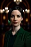 Placeholder: beautiful portrait of a 20s female politician with dark hair entering parliament. She has dark green eyes and pale skin