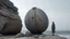 Placeholder: LARGE MINIMALIST SPHERICAL BUILDING ON ROCKY BEACH, Full HD, Full body, Shabby chic outfit, Crinkled, 360 angle