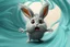 Placeholder: cute dust bunny fizzgig character being swept into a magical wind vortex, fluffy gray detailed fur texture, dirty, oversized expressive eyes, open mouth panic afraid expression, dynamic diagonal motion pose, limbs reaching forward, body tilted in perspective, sense of speed and motion, flowing translucent teal and aqua wind ribbons, spiraling air currents forming a curved arc, soft tornado funnel in the top corner, painterly semi-transparent wind, 3d puppet
