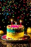 Placeholder: birthday cake with confetti and fireworks in the background