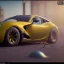 Placeholder: 3d rendering. futuristic steampunk yellow car. Tokio background. Lost in Time