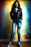 Placeholder: Full body Portrait - digital photograph, chiaroscuro, extremely colorful, vibrant, lifelike, 20th century masterpiece, rich deep colors, highly detailed portrait, beautiful, extremely gorgeous Georgie Henley wearing a black leather biker's jacket, a black "Iron Maiden" T-shirt, Blue Jeans, black Converse sneakers, absolute reality