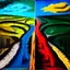 Placeholder: two roads diverged , art, oil colors, bright, picasso, masterpiece