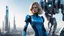 Placeholder: A full-body photograph of a young, slender woman with blond shoulder-length hair in a sleek blue jumpsuit, with an android in a huge metal exosuit with a helmet standing guard beside her, standing in a futuristic cityscape with advanced spacecraft behind them