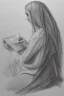 Placeholder: Pencil sketch of Young woman, Arab features,sad, long wavy hair, reading a book, full body، on lined paper