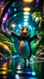 Placeholder: selfie by pimp rocker alien penguin gremlin diving in water slide in the middle of crazy dance moves dancing in dark lit reflective wet jungle hall tunnel,bokeh like f/0.8, tilt-shift lens 8k, high detail, smooth render, down-light, unreal engine, prize winning