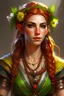 Placeholder: Generate a dungeons and dragons character portrait of a female spring Eladrin elf. She is ranger. She looks sweet and approachable but in the same time a little tomboy and wild her hair is red and little messy within colorful flowers, leaves and fall growing in the hair and eyes of the color of spring and ears of elf