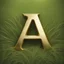 Placeholder: the letter A, 3d letter design, made of shiny gold metallic finish, kept on natural grass, highly realistic