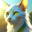 Placeholder: Photoreal Detailed d&d character portrait, oasis scene with mist and the sun is visible in the background, long hair Turkish van female tabaxi humanoid from D&D, with one green eye, one blue eye, glowing with mystical energy, fantasy, detailed, catlike face with human body