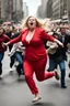 Placeholder: an obese terrified blonde woman in a red pant suit desperately running away from an angry mob of thousands of people chasing her down a city street