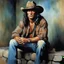 Placeholder: Conan the Barbarian wearing a long-sleeved plaid shirt, blue jeans, cowboy boots, and a cowboy hat, dark, multicolored watercolor stained wall in the background, oil painting in the art style of Frank Frazetta, 32k UHD, Hyper realistic, photorealistic, realistic, sharp, highly detailed, professional quality, beautiful, awesome, majestic, superb, trending on artstation